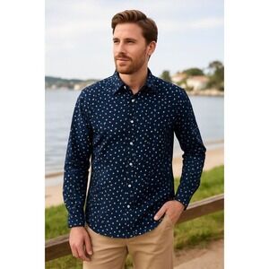 Julian & Mark Button Up Long‎ Sleeve Shirt Mens XL Blue White Geometric Stretch